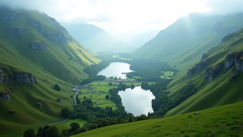 Glendalough valley with two pristine lakes surrounded by steep green mountains and ancient stone ruins
