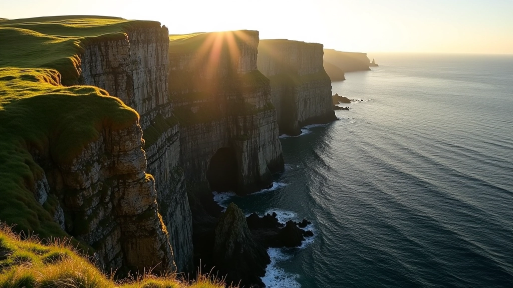 Aerial view of rugged Irish coastal cliffs with hiking path visible along edge