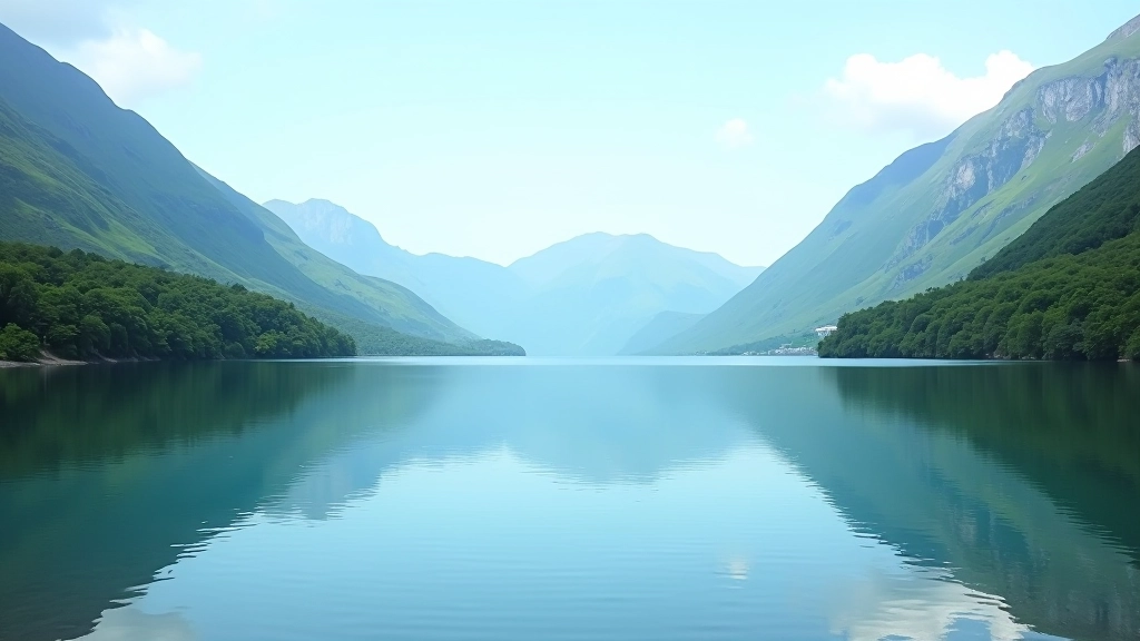Mountain lake landscape with pristine blue water reflecting green hills and distant peaks under clear sky
