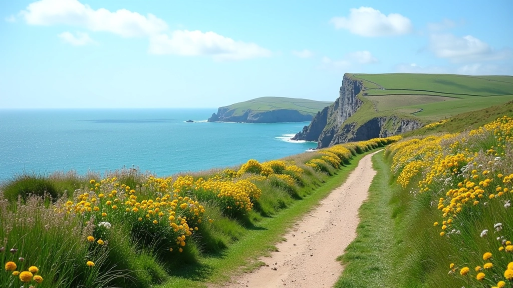 Coastal walking path along Irish coastline with ocean views and dramatic cliffs