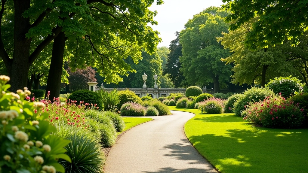 Cork city park with Victorian-style landscaping, colorful flower beds, and winding gravel paths surrounded by mature trees