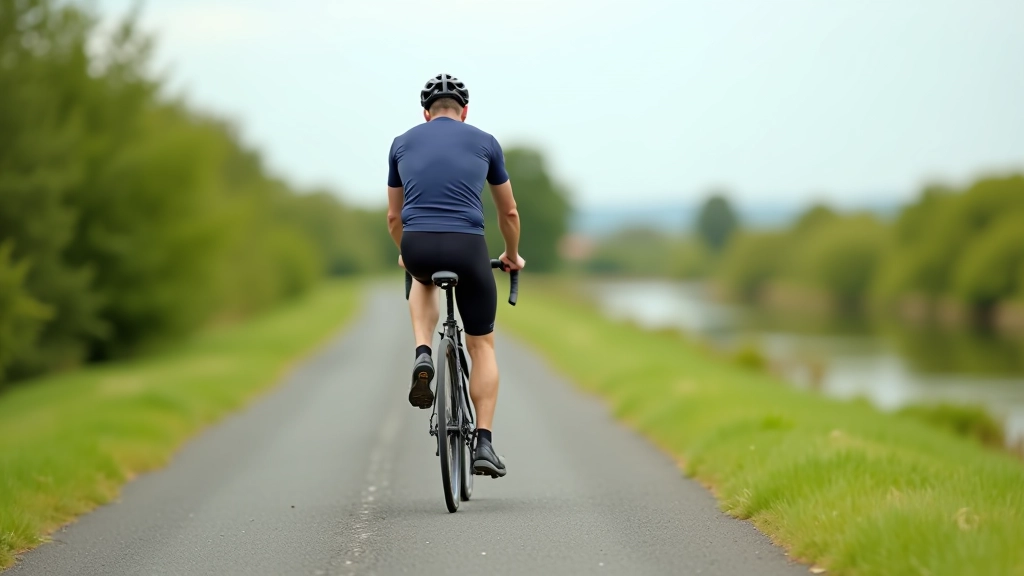 Cyclist riding along a peaceful canal towpath with water and green banks, Ireland
