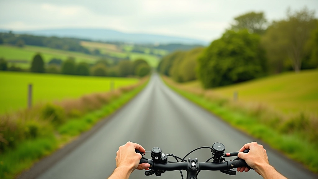 Cyclist riding on a peaceful rural Irish country road with green fields and trees on both sides