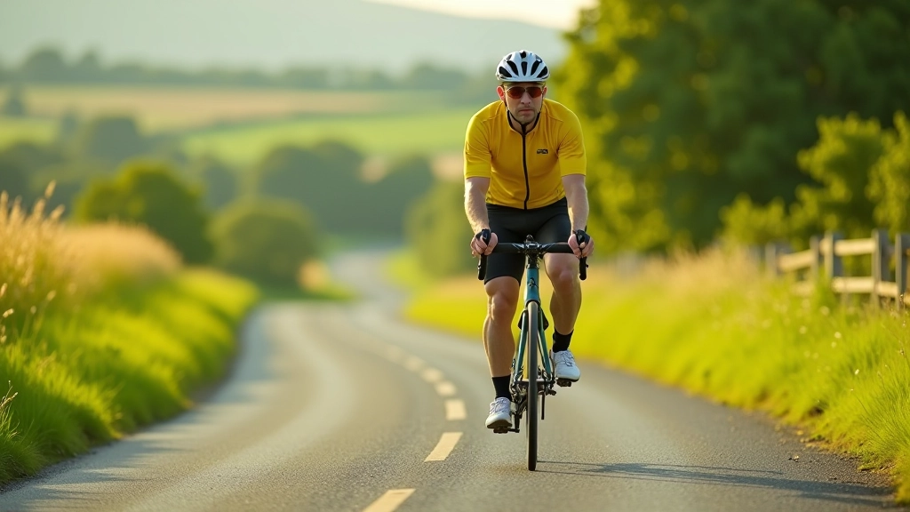 Cyclist riding on a rural country road with green fields and trees on both sides in Ireland
