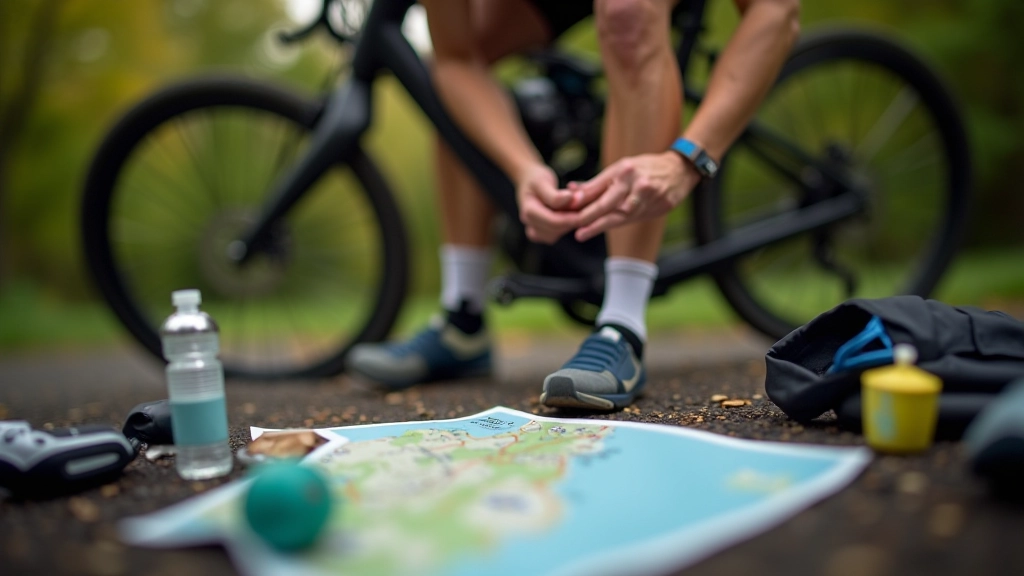 Cyclist preparing bike with water bottle and route map before heading out for a ride