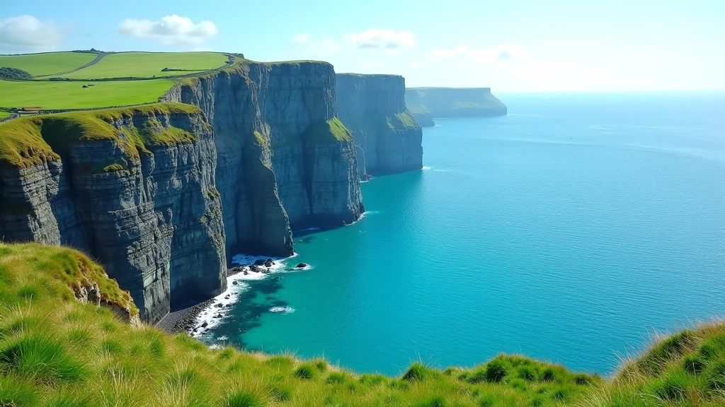 Dramatic coastal cliffs with turquoise water below and green hillside in Ireland