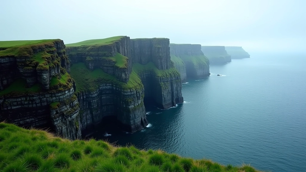 Towering sea cliffs dropping dramatically into Atlantic Ocean with green grassy clifftop, misty horizon, dramatic Irish coastal landscape