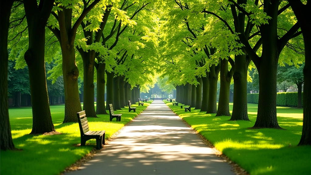 Peaceful park pathway with mature trees creating natural shade canopy and green grass areas on both sides