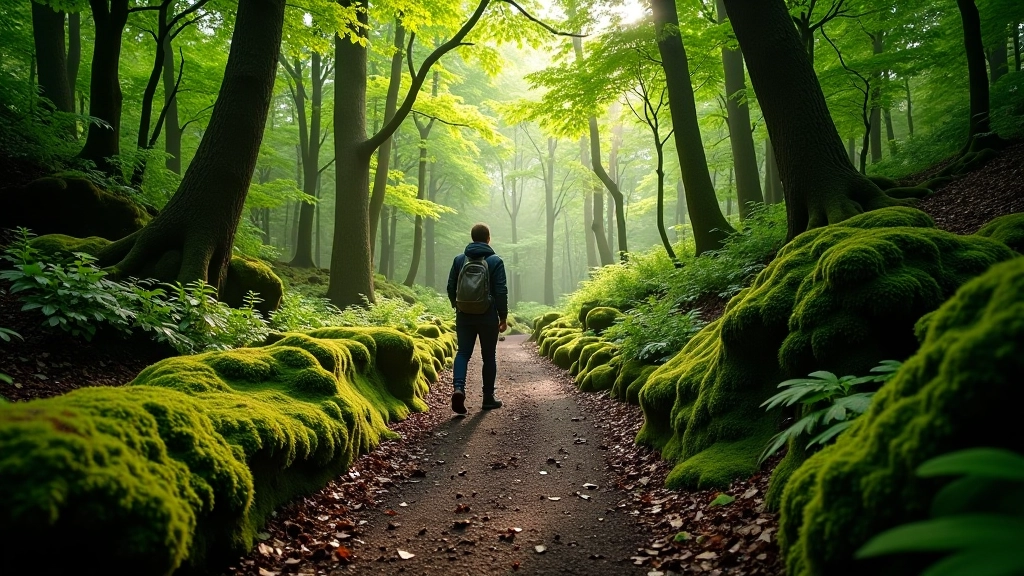 Forest trail winding through ancient woodland with tall trees, dappled light filtering through canopy, lush green ferns