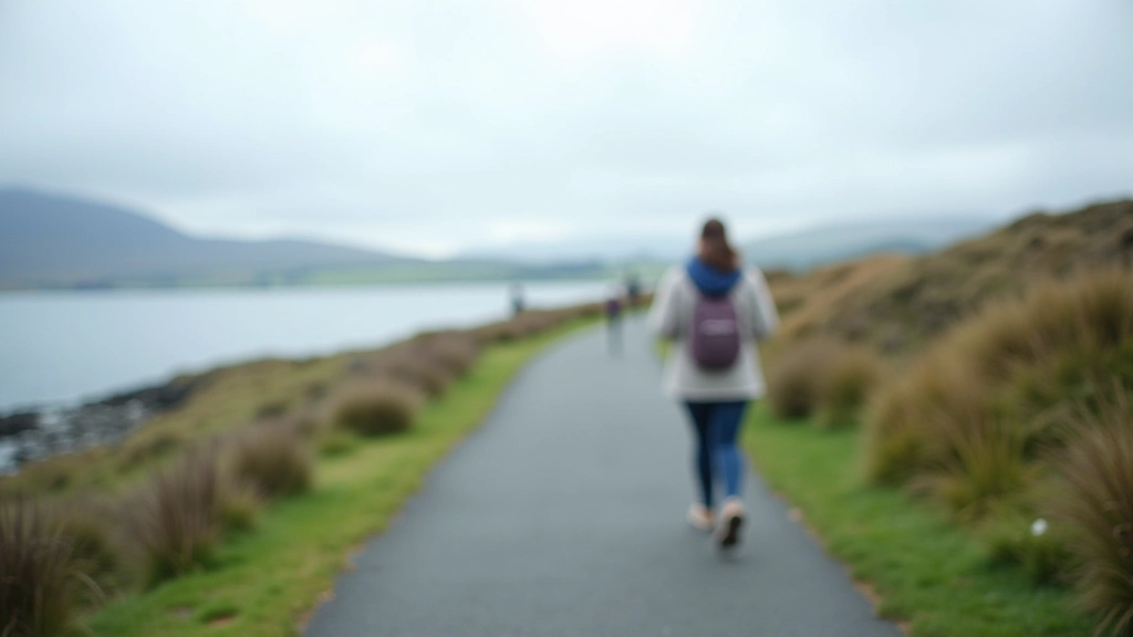 Coastal promenade walkway with bay views, sea visible in distance, grassy areas alongside paved path, overcast Irish sky