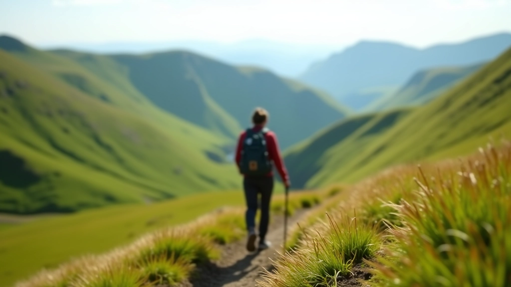 Person hiking on a scenic Irish mountain trail surrounded by green hills and natural landscape
