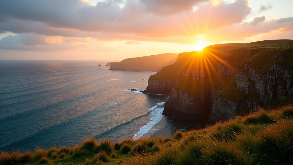 Golden hour sunset light on Irish coastal landscape with golden cliffs and blue ocean