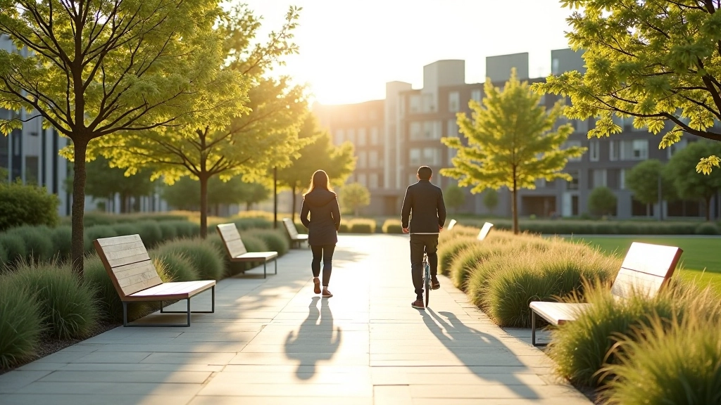Urban park with modern seating areas, paved walkways, contemporary architecture elements, and well-maintained landscaping
