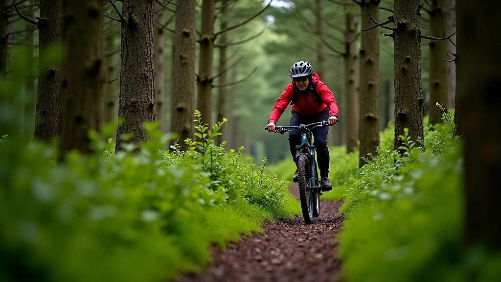 Mountain biker on a forest trail surrounded by trees and natural woodland terrain