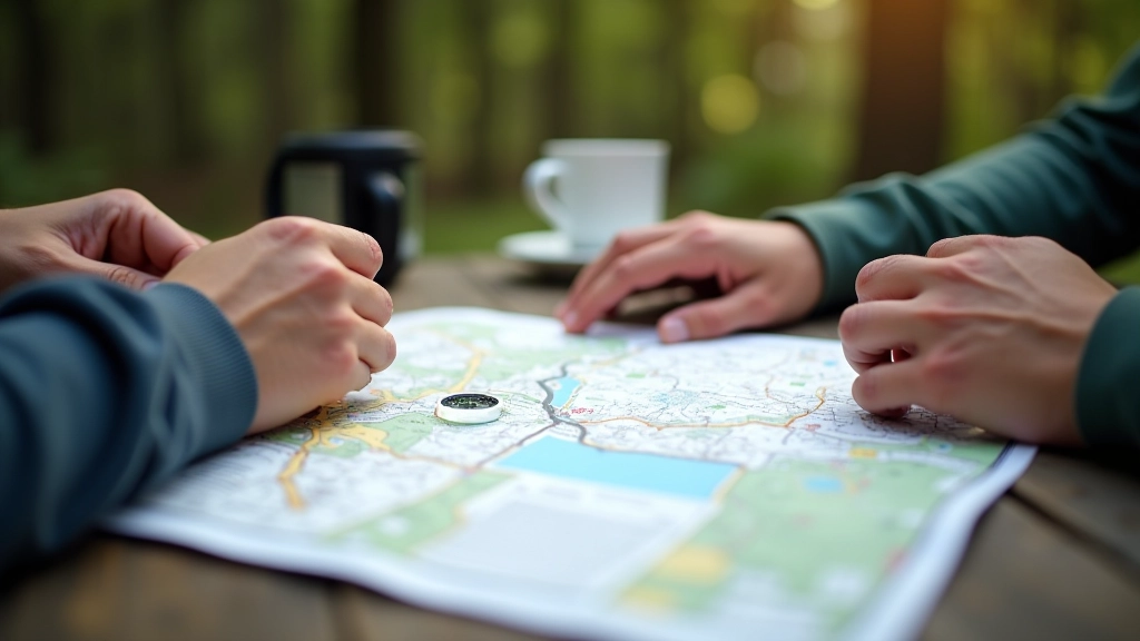 Outdoor enthusiasts planning their route with map and guidance materials on wooden table