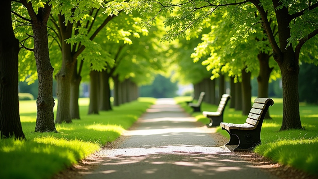 Scenic peaceful park path with benches and natural surroundings perfect for relaxation