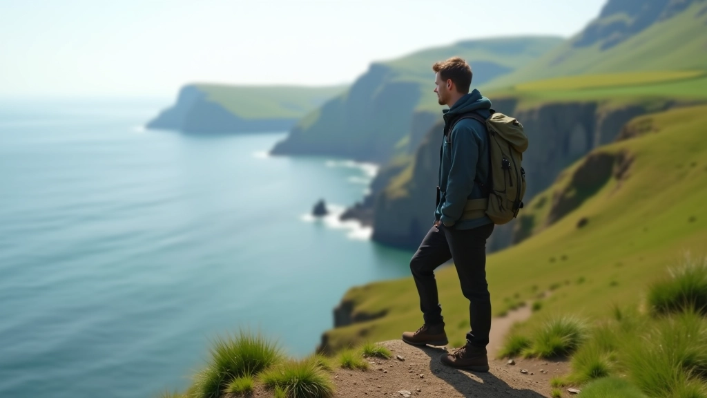 Person standing on coastal cliff edge overlooking Irish seascape with green valleys