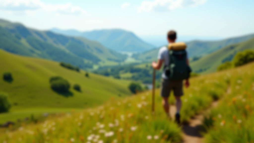 Person hiking on a mountain trail in Ireland with green rolling hills in the distance