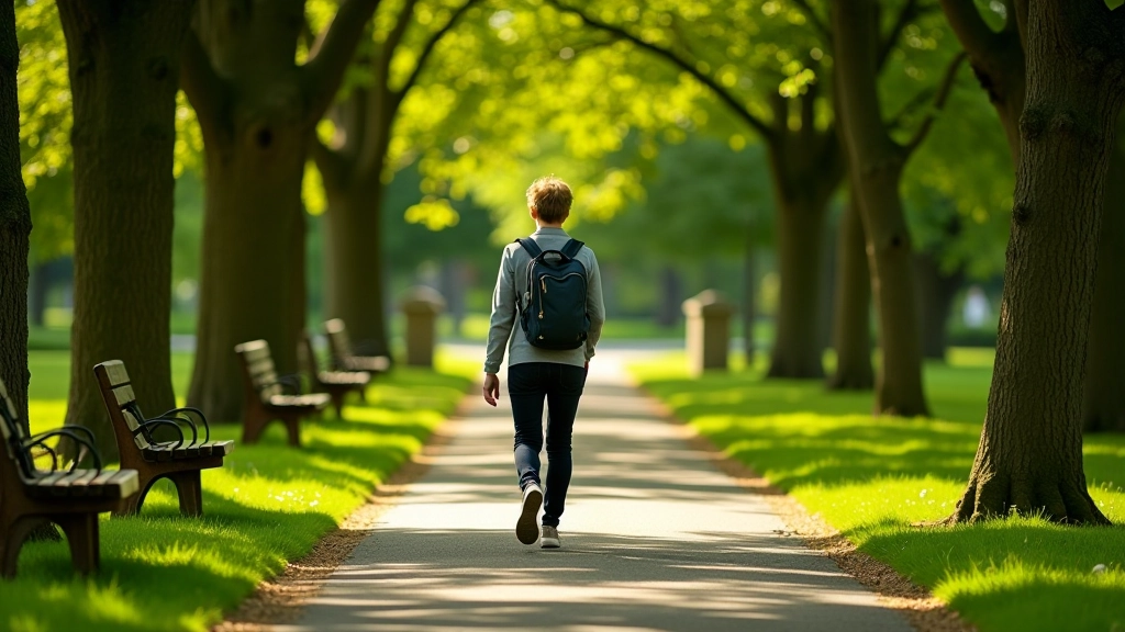 Person walking through a peaceful park with trees and benches on a calm sunny day