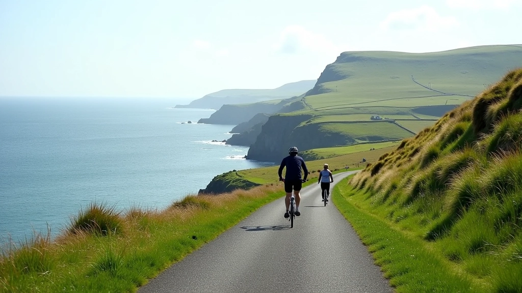 Coastal cycling route with ocean views, green cliffs, and a winding seaside path