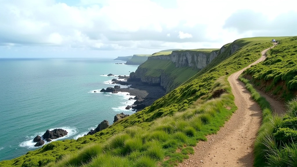 Coastal path along Irish cliffs with green vegetation, rocky shoreline, and Atlantic Ocean views under partly cloudy sky