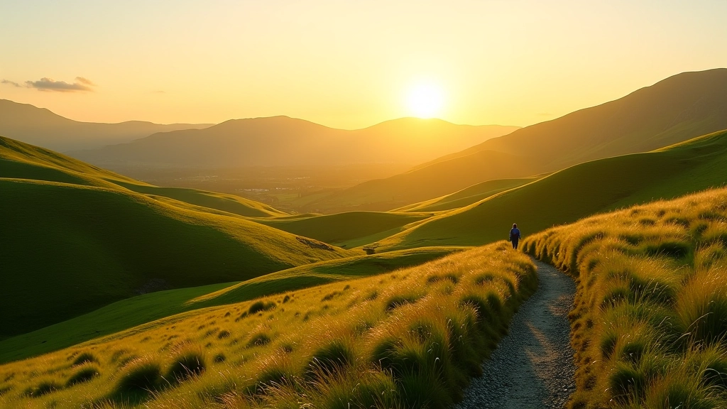 Scenic Irish landscape with rolling green hills and hiking trail in natural daylight